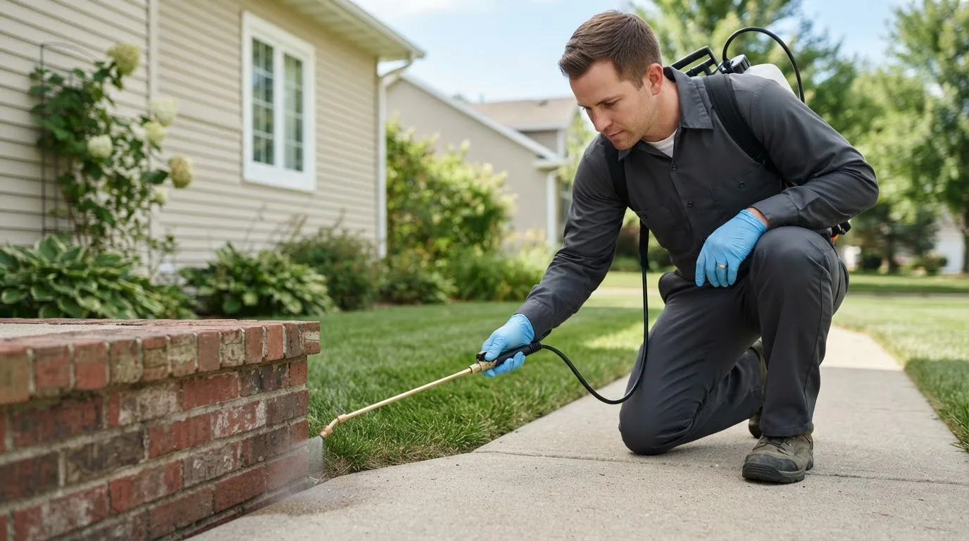 Pest control technician treating a home near Campbell, NE