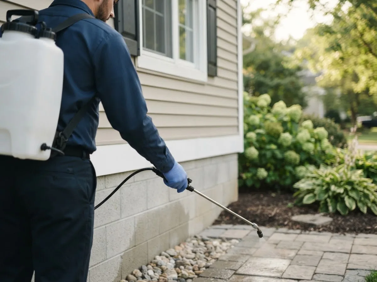 Pest control technician inspecting a home in Campbell, NE